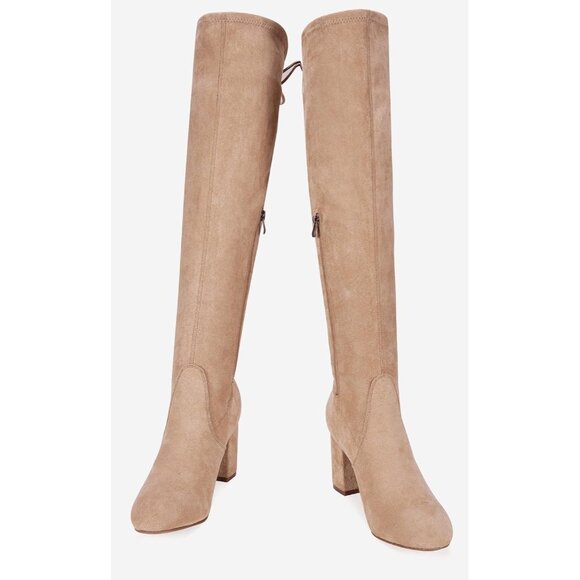 Women's Sand Suede Inner Zipper Thigh High Over The Knee High Square Heel Boots - Picture 7 of 8